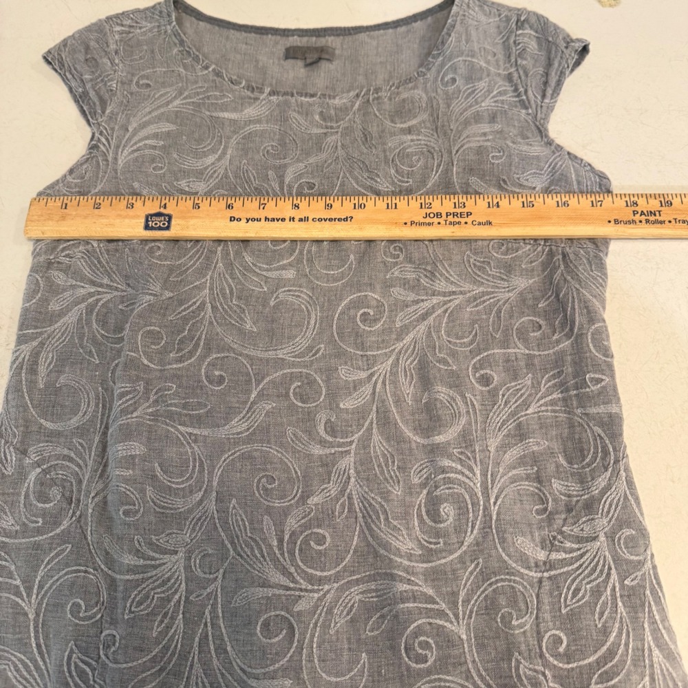 Lina Tomei Dress Womens Medium Gray Linen Embroidered Cap Sleeve Pockets Italy - Picture 6 of 8